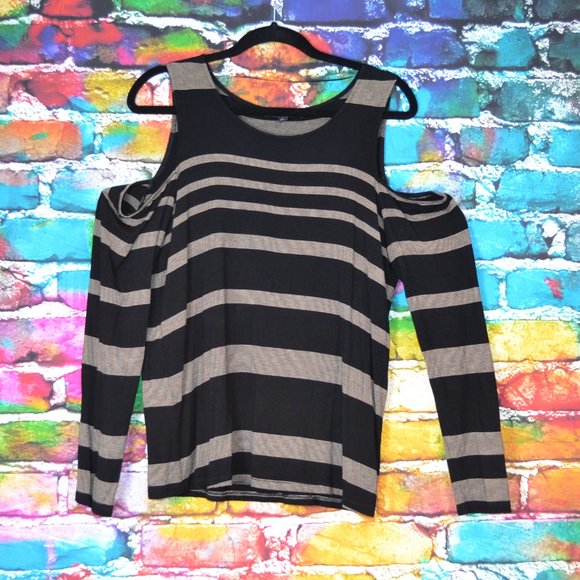 Cable & Gauge Black & Tan Striped Cold Shoulder Long Sleeve Top Size L - Picture 3 of 5
